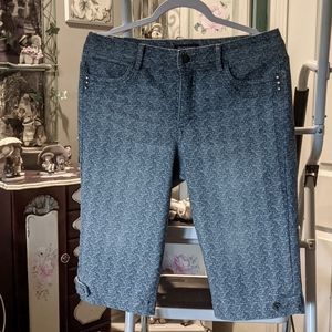 Bandolino Brady Capri Paisley Print Jeans with Rhinestones on pockets and legs.